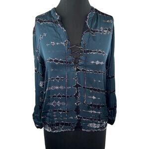 Gypsy 05 Teal Green Black Tie-Dye Corset Lace-Up Front Long Sleeve Blouse Top XS